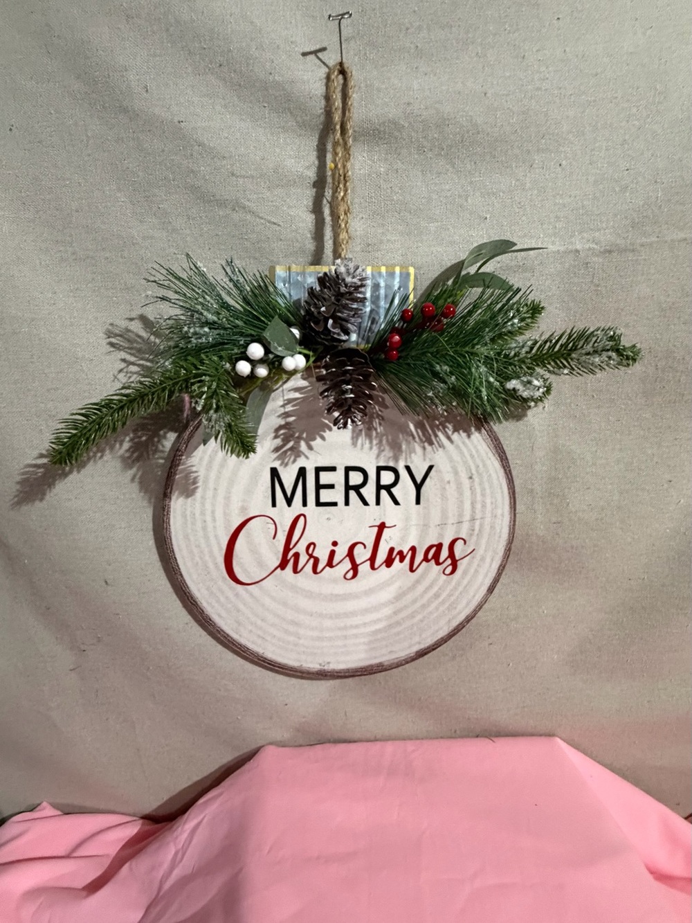 Merry Christmas Wall Plaque Wreath with Pine and Berries - White and Red